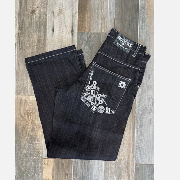 *RARE* SOUTHPOLE 91 EMBROIDERED BLACK JEANS Y2K BAGGY SKATER HIP HOP SIZE 32 Y2K